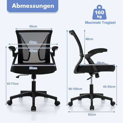 Ergonomická kancelářská židle se sklopnými područkami, střední opěradlo, 57 x 63 x 90-100cm, černá