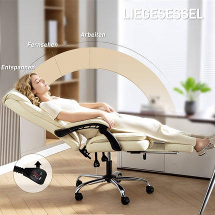 Ergonomic Office Chair with Footrest, Faux Leather, Beige/Black