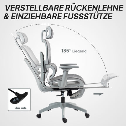 Ergonomischer Bürostuhl mit Fußstütze, neigbarer Rückenlehne