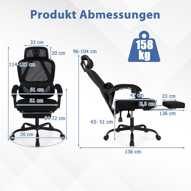 Ergonomischer Bürostuhl mit Fußstütze und verstellbarer Rückenlehne