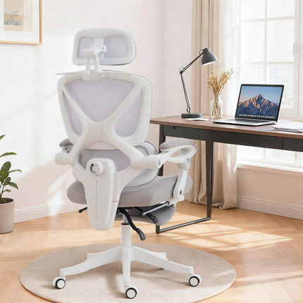 Ergonomic Office Chair with Footrest and Rocking Function, Light Grey, Mesh