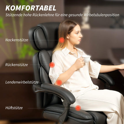 Ergonomischer Bürostuhl mit Lordosenstütze, schwarzes PU-Leder