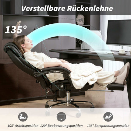 Ergonomic Office Chair with Massage, Footrest, Black Leather