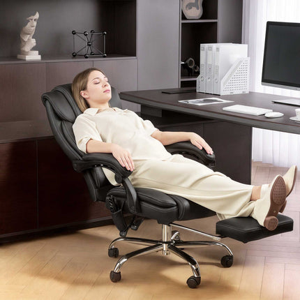 Ergonomic Office Chair with Massage, Footrest, Black Leather