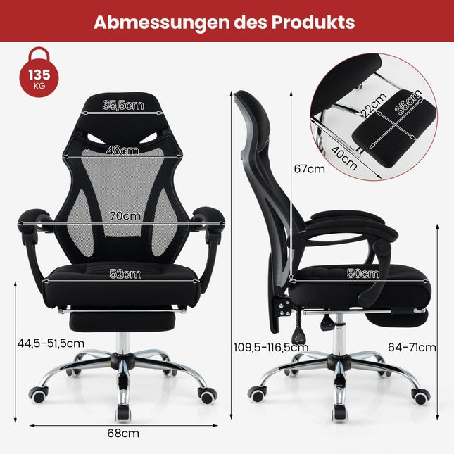 Ergonomischer Netz-Bürostuhl mit Fußstütze &amp; höhenverstellbarer Neige-Rückenlehne Chefsessel