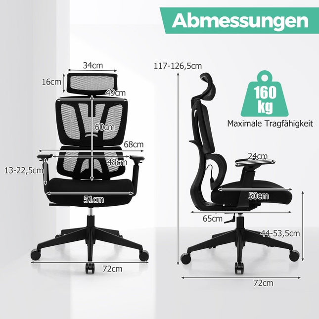 Ergonomischer Bürostuhl mit N-förmiger Lordosenstütze Drehbarer Schreibtischstuhl Schwarz