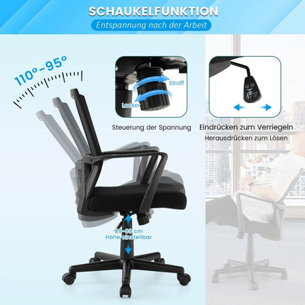 Ergonomischer Bürostuhl mit Lordosenstütze und Wippfunktion Schreibtischstuhl schwarz