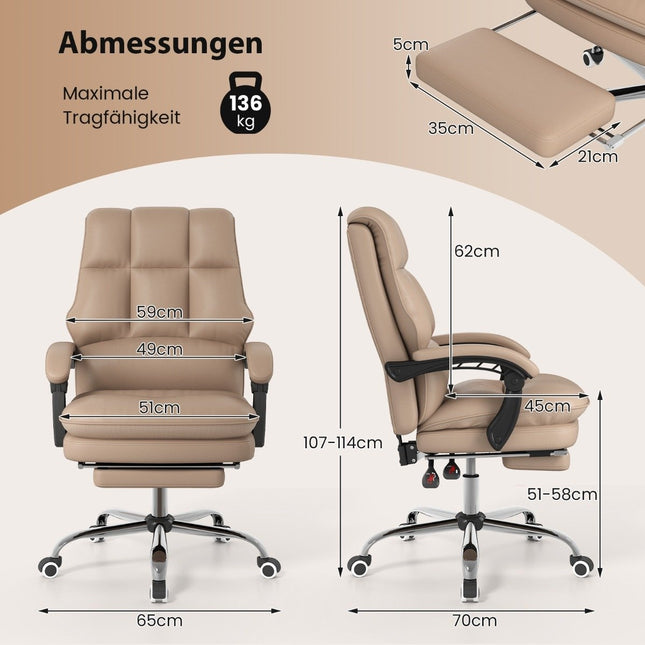 Ergonomischer Bürostuhl mit ausziehbarer Fußstütze Chefsessel Schreibtischstuhl Kaffee