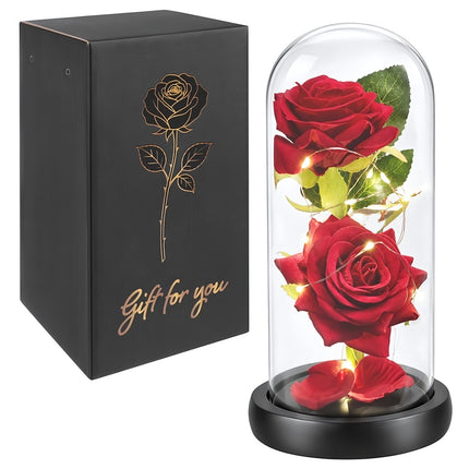 Eternal Rose in Glass Dome with 20 LED Lights, 22 cm, 2 Red Roses, Gift Box