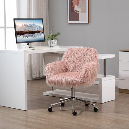 Rosa Bürostuhl aus Kunstfell, drehbar, höhenverstellbar