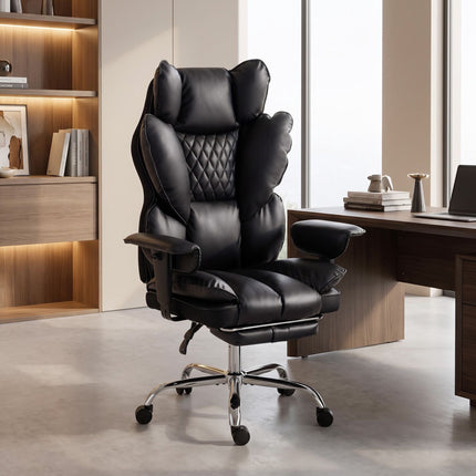 Executive Office Chair, Black Faux Leather, Reclines to 135