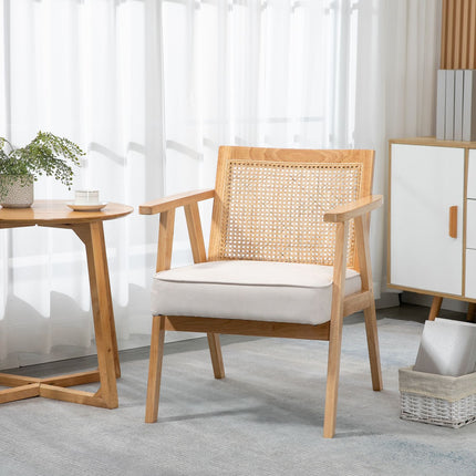 Exotischer Polsterstuhl, Kautschukholz, Sitzkissen in Leinenoptik, 63L x 69B x 78H cm, cremeweiß