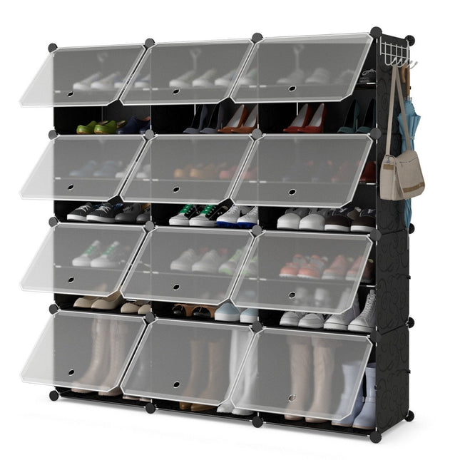 Expandable 12-Cube Shoe Rack with Side Hooks