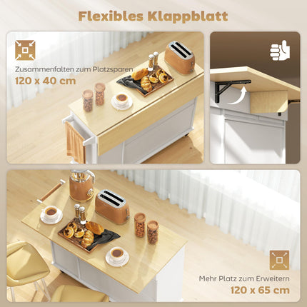 Expandable Kitchen Island Cart with Drawers, MDF, White
