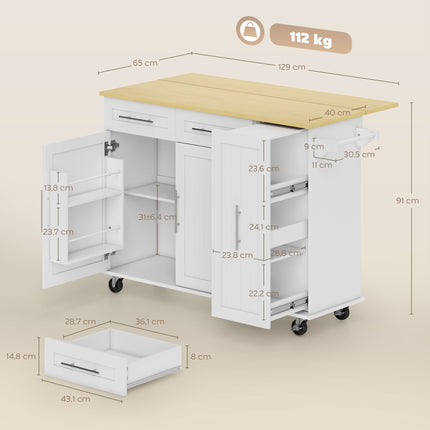 Expandable Kitchen Island Cart with Drawers, MDF, White