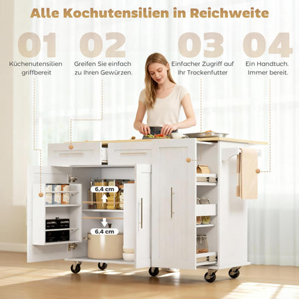 Expandable Kitchen Island Cart with Drawers, MDF, White