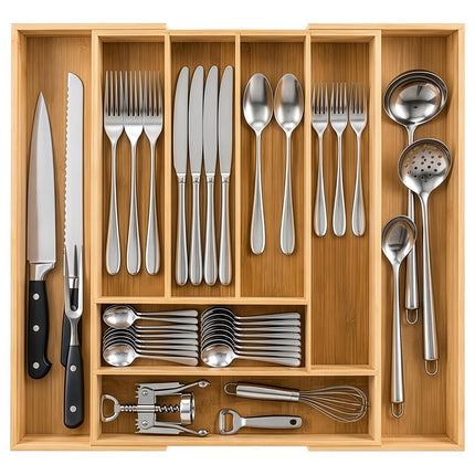Extendable Bamboo Drawer Organiser for Cutlery, 6 or 8 Compartments, 50.5 cm