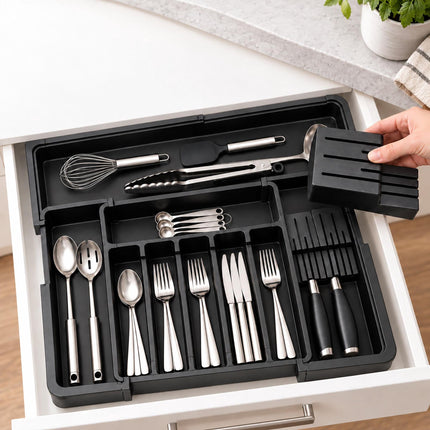 Extendable Cutlery Tray with Knife Insert, Width 33–56.5 cm, Black