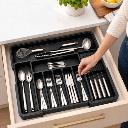 Extendable Cutlery Tray with Knife Insert, Width 33–56.5 cm, Black