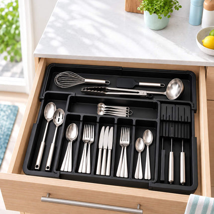 Extendable Cutlery Tray with Knife Insert, Width 33–56.5 cm, Black