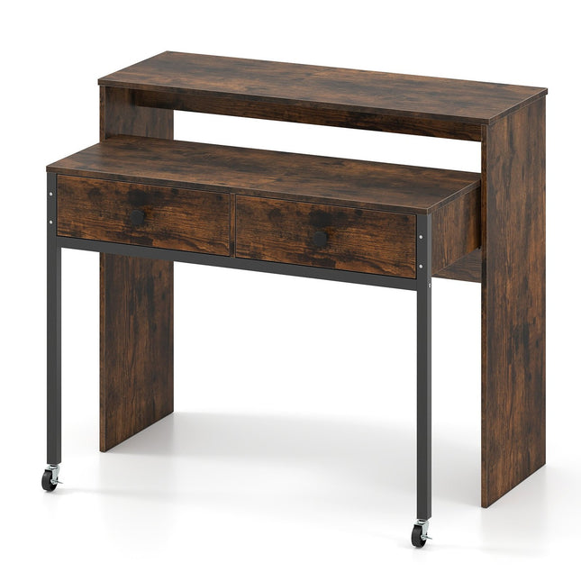 Ausziehbarer Schreibtisch mit 2 Schubladen und Rollen, 100x63x88 cm, Braun