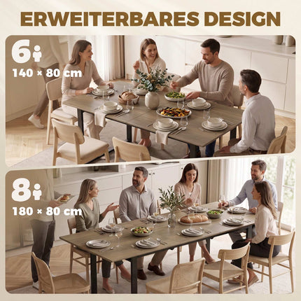 Extendable Dining Table 140-180 cm for 6-8 People, Brown, Black Steel Frame