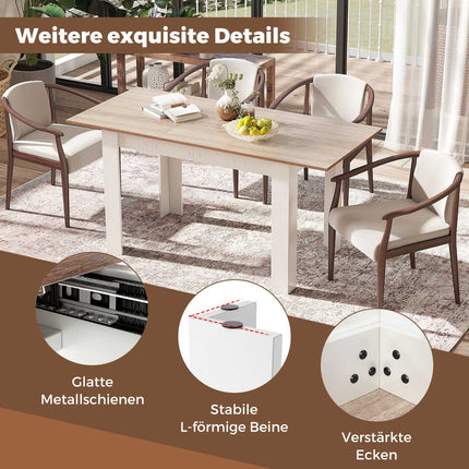 Ausziehbarer Esstisch, verstellbare Tischplatte, L-förmige Beine, Weiß