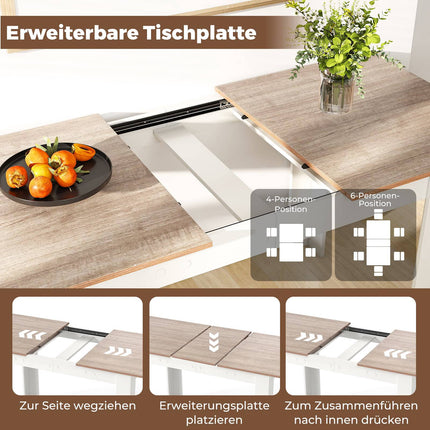 Ausziehbarer Esstisch, verstellbare Tischplatte, L-förmige Beine, Weiß