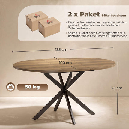 Extendable Dining Table for 4–6, Brown Wood, Industrial Style