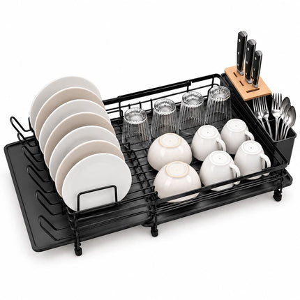 Extendable Dish Drainer 49 to 73 cm with Cutlery Basket, Black, Drip Tray