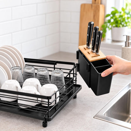 Extendable Dish Drainer 49 to 73 cm with Cutlery Basket, Black, Drip Tray