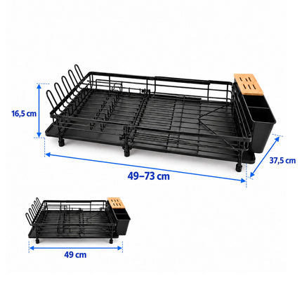 Extendable Dish Drainer 49 to 73 cm with Cutlery Basket, Black, Drip Tray