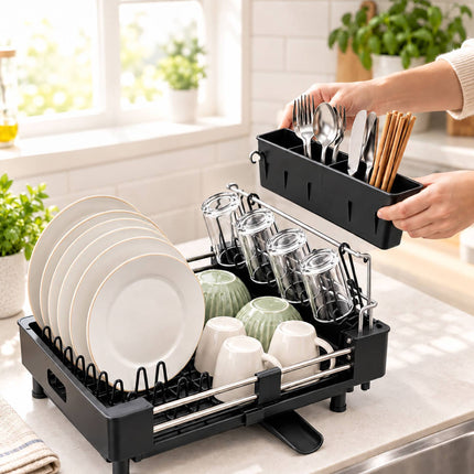 Extendable Dish Drainer with Glass Holder and Cutlery Basket, Black, 37 to 52 cm