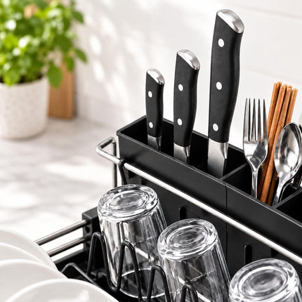 Extendable Dish Drainer with Glass Holder and Cutlery Basket, Black, 37 to 52 cm