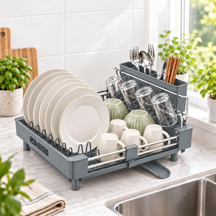 Extendable Dish Drainer with Glass Holder and Cutlery Basket, Grey, 37 to 52 cm