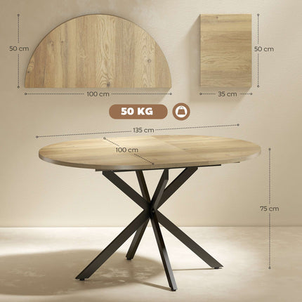 Extendable Round Dining Table for 4-6, 100-135 cm, Wood Finish
