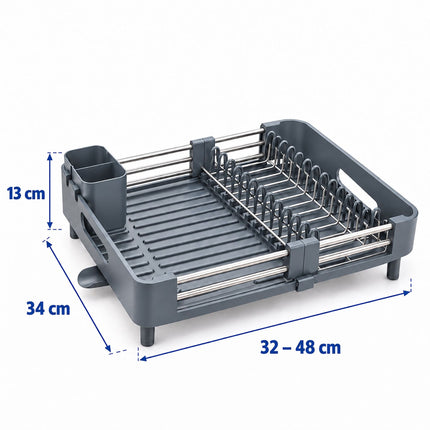 Extendable Stainless Steel Dish Rack 32 to 48 cm, Grey, Drip Tray