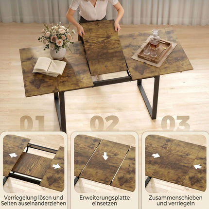 Extending Dining Table 140-180 cm for 6-8 People, Tiger Wood Look, Steel Frame