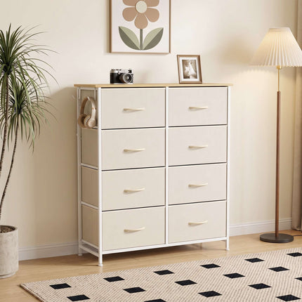 Fabric Chest of Drawers with 8 Drawers, Steel Frame, 4 Side Pockets, Beige