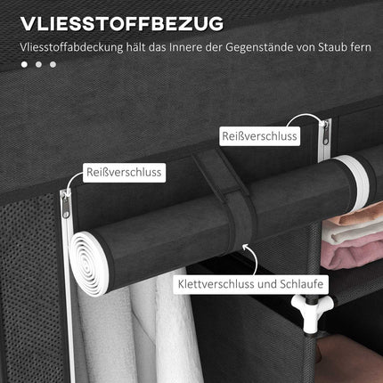 Schwarzer Stoffkleiderschrank mit Kleiderstangen und Schubladen