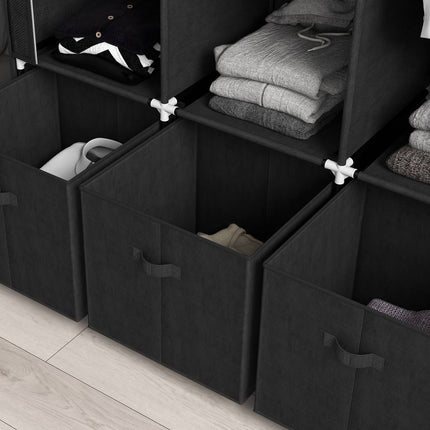 Schwarzer Stoffkleiderschrank mit Kleiderstangen und Schubladen