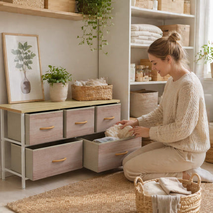 Fabric Dresser with 5 Drawers, Metal Frame, Wood Top