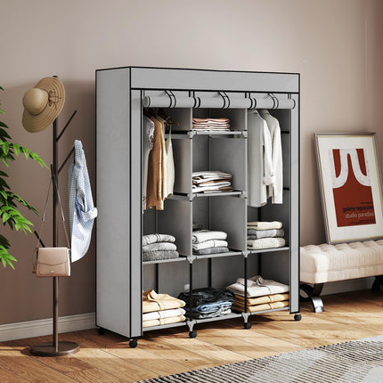 Stoffkleiderschrank, 8 Regalfächer, 2 Kleiderstangen, Grau