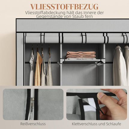 Stoffkleiderschrank, 8 Regalfächer, 2 Kleiderstangen, Grau