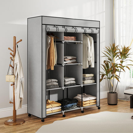 Stoffkleiderschrank, 8 Regalfächer, 2 Kleiderstangen, Grau
