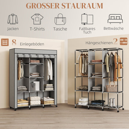 Stoffkleiderschrank, 8 Regalfächer, 2 Kleiderstangen, Grau