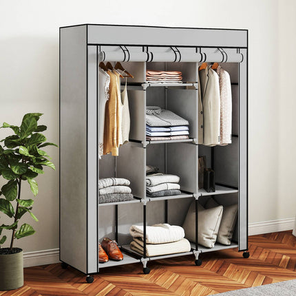 Stoffkleiderschrank, 8 Regalfächer, 2 Kleiderstangen, Grau