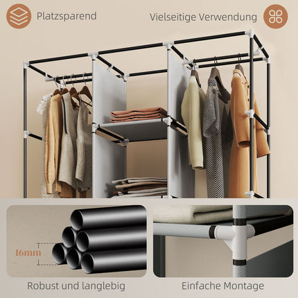 Stoffkleiderschrank, 8 Regalfächer, 2 Kleiderstangen, Grau