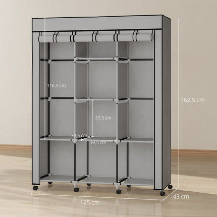 Stoffkleiderschrank, 8 Regalfächer, 2 Kleiderstangen, Grau