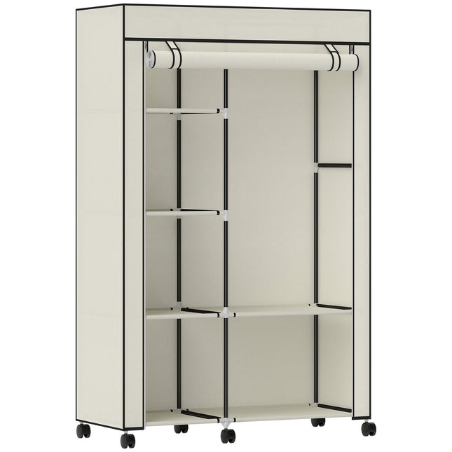 Stoffkleiderschrank, 6 Fächer, Kleiderstange, Creme